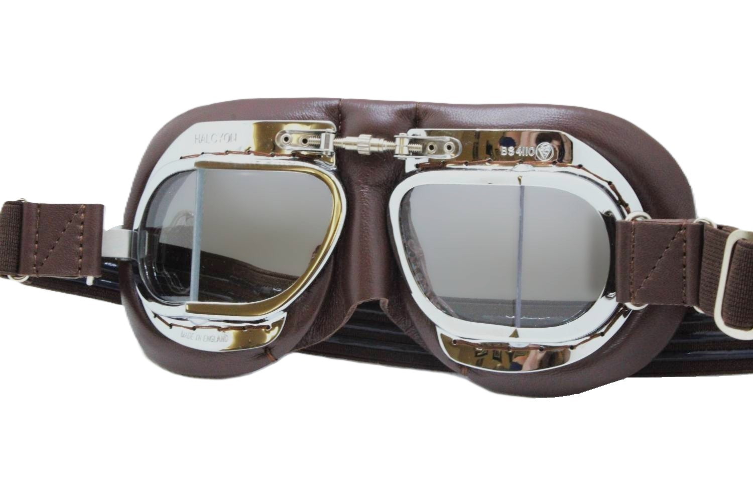 Goggles- Brown Leather- Chrome- Angled Lens