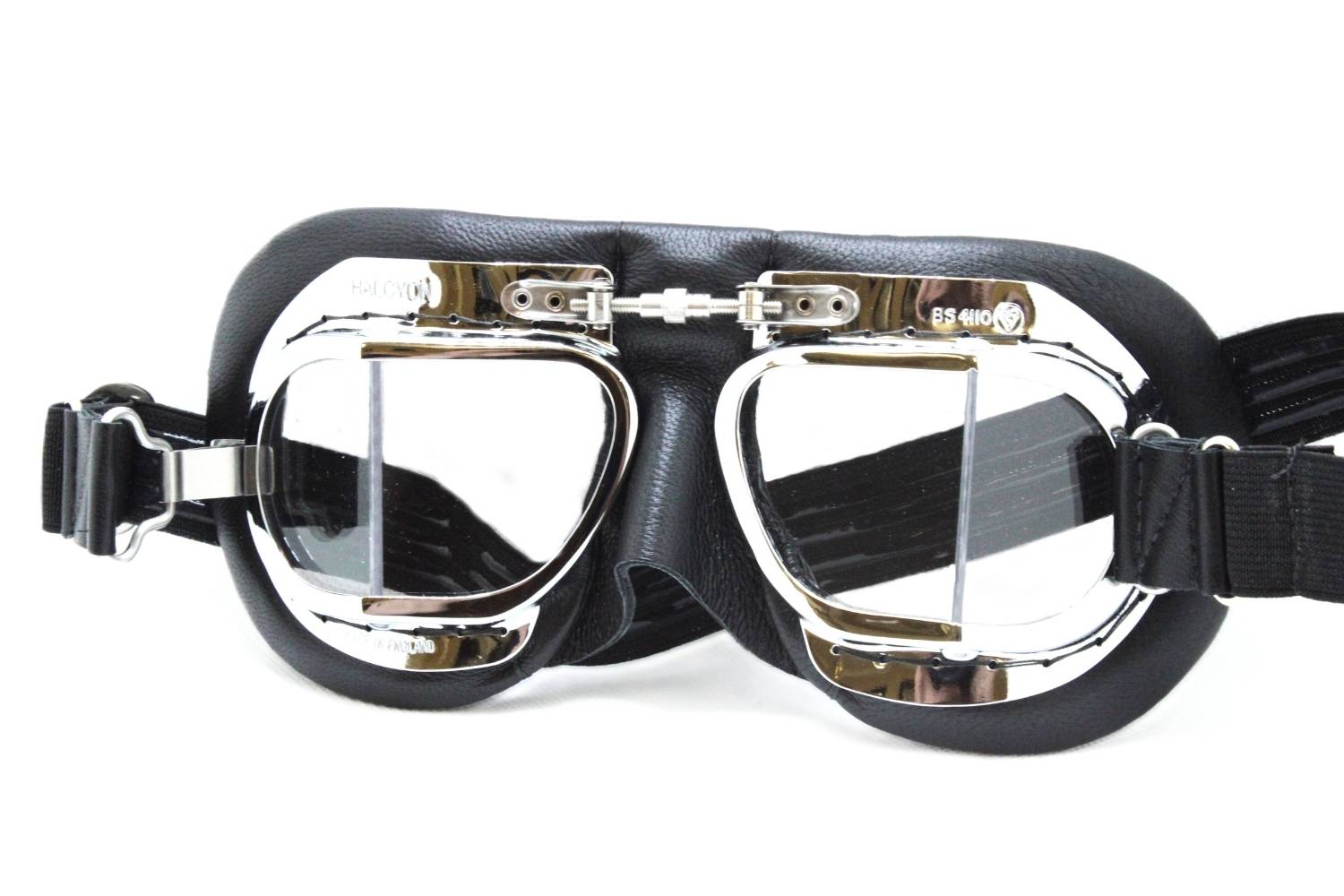 Goggles- Black Leather- Chrome-Curved Lens